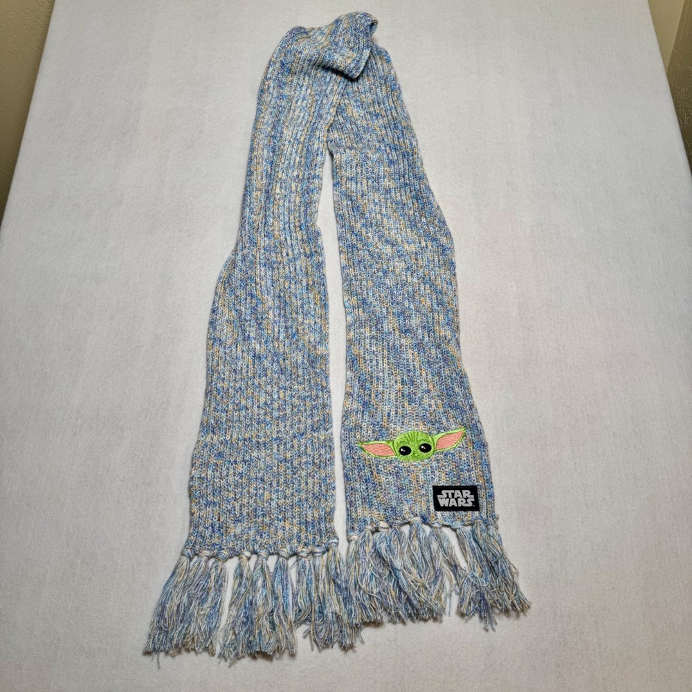 Star Wars The Mandalorian Grogu Baby Yoda Knit Scarf Blue Marled Fringe Trim
